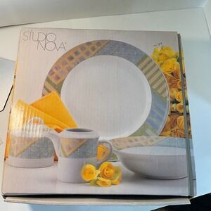 (5) Studio Nova Trivia Serving Set Creamer, Sugar, Platter, Bowl Geometric NIB